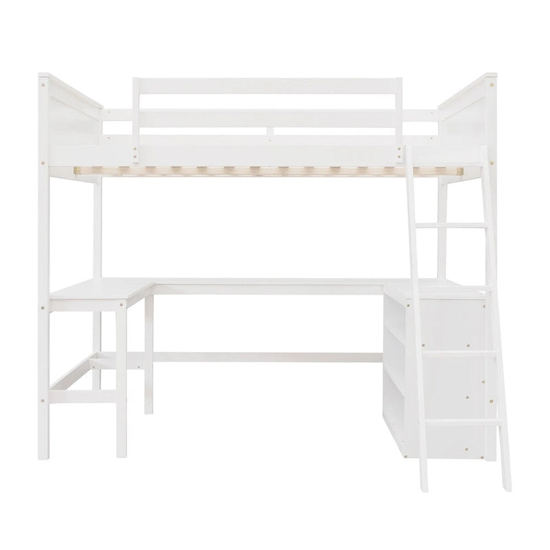 Lit mezzanine pleine grandeur avec bureau et étagères, Expresso/Blanc/Gris, 1 personne