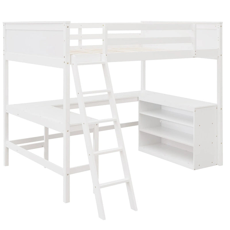 Lit mezzanine pleine grandeur avec bureau et étagères, Expresso/Blanc/Gris, 1 personne