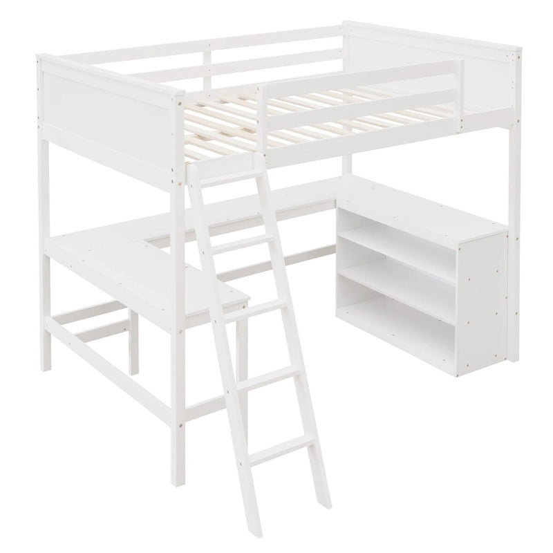 Lit mezzanine pleine grandeur avec bureau et étagères, Expresso/Blanc/Gris, 1 personne
