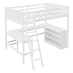 Lit mezzanine pleine grandeur avec bureau et étagères, Expresso/Blanc/Gris, 1 personne
