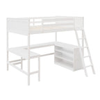 Lit mezzanine pleine grandeur avec bureau et étagères, Expresso/Blanc/Gris, 1 personne