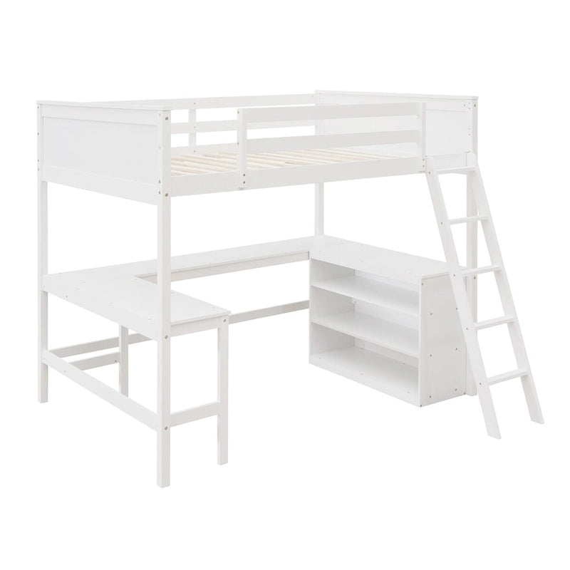 Lit mezzanine pleine grandeur avec bureau et étagères, Expresso/Blanc/Gris, 1 personne