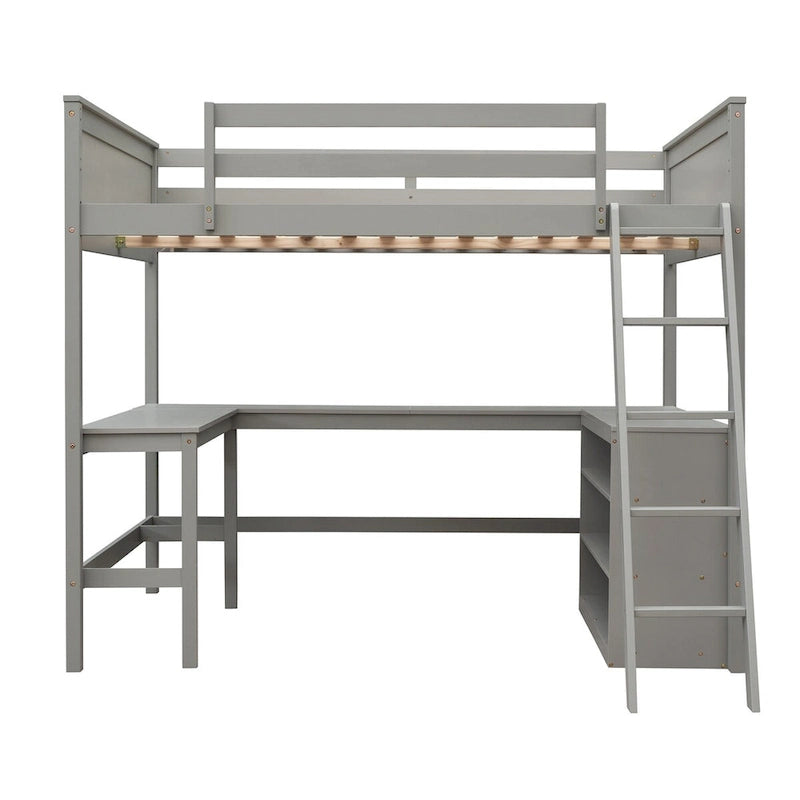 Lit mezzanine pleine grandeur avec bureau et étagères, Expresso/Blanc/Gris, 1 personne