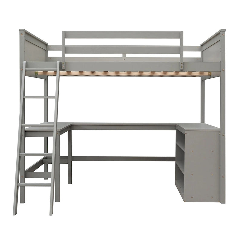 Lit mezzanine pleine grandeur avec bureau et étagères, Expresso/Blanc/Gris, 1 personne