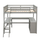 Lit mezzanine pleine grandeur avec bureau et étagères, Expresso/Blanc/Gris, 1 personne