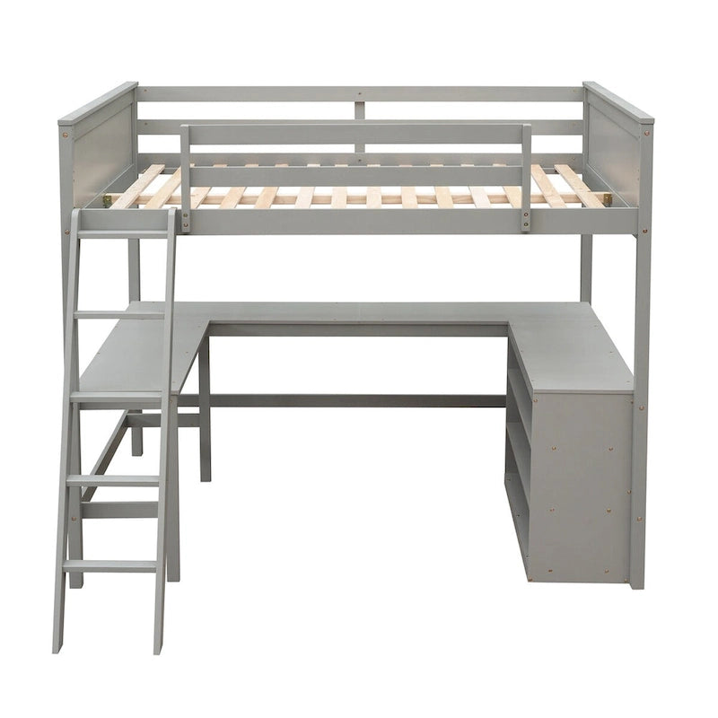 Lit mezzanine pleine grandeur avec bureau et étagères, Expresso/Blanc/Gris, 1 personne