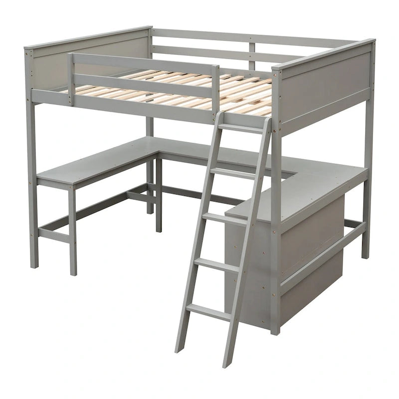 Lit mezzanine pleine grandeur avec bureau et étagères, Expresso/Blanc/Gris, 1 personne
