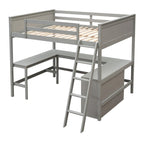 Lit mezzanine pleine grandeur avec bureau et étagères, Expresso/Blanc/Gris, 1 personne