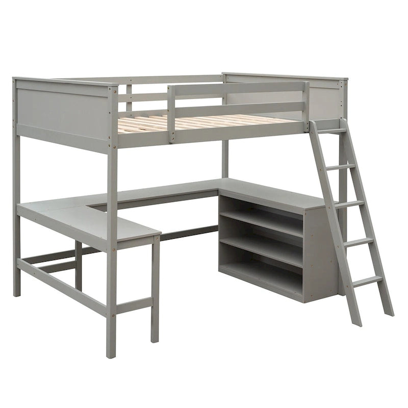 Lit mezzanine pleine grandeur avec bureau et étagères, Expresso/Blanc/Gris, 1 personne
