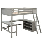 Lit mezzanine pleine grandeur avec bureau et étagères, Expresso/Blanc/Gris, 1 personne