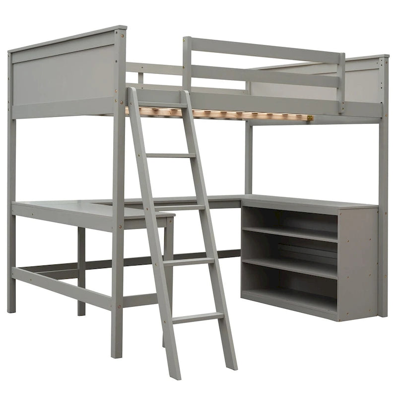Lit mezzanine pleine grandeur avec bureau et étagères, Expresso/Blanc/Gris, 1 personne