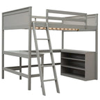 Lit mezzanine pleine grandeur avec bureau et étagères, Expresso/Blanc/Gris, 1 personne