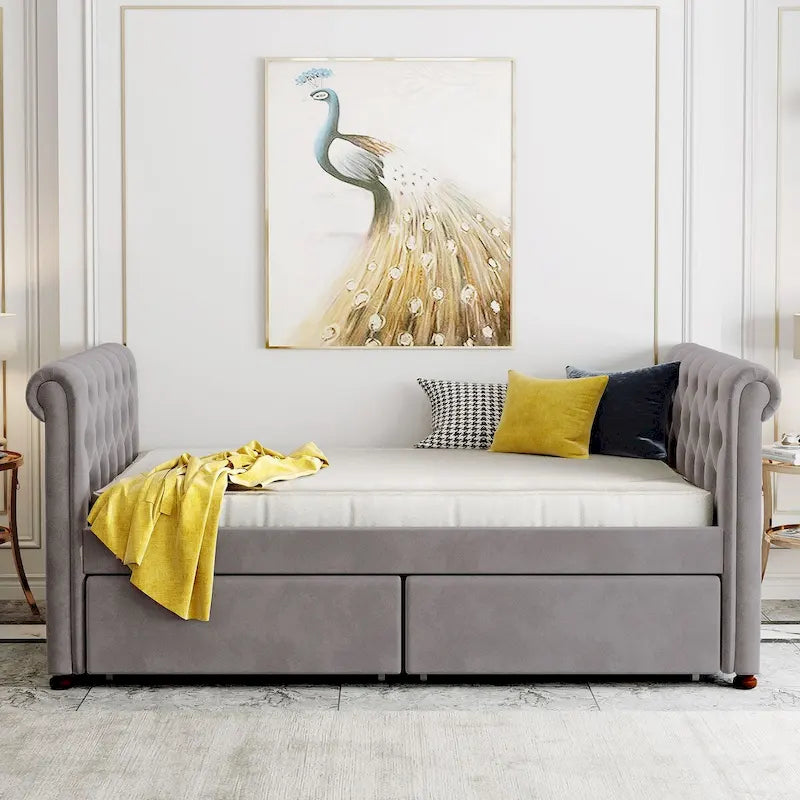 Lit de repos simple rembourré beige/gris avec tiroirs, lattes en bois, 1 personne