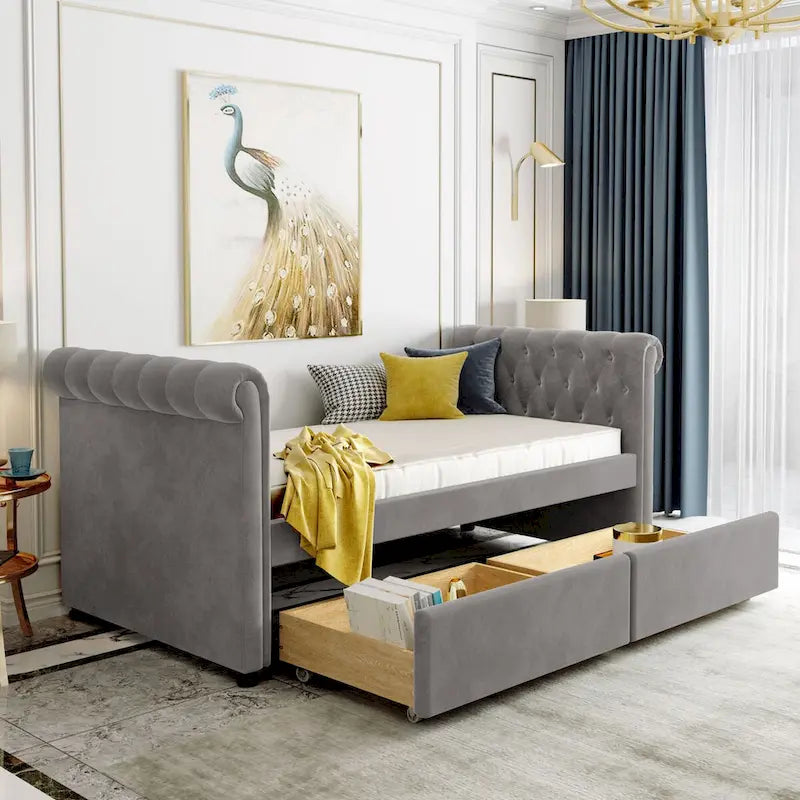 Upholstered daybed with Drawers, Wood Slat Support