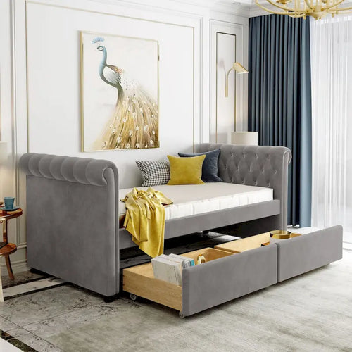 Upholstered daybed with Drawers, Wood Slat Support