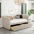 Lit de repos simple rembourré beige/gris avec tiroirs, lattes en bois, 1 personne