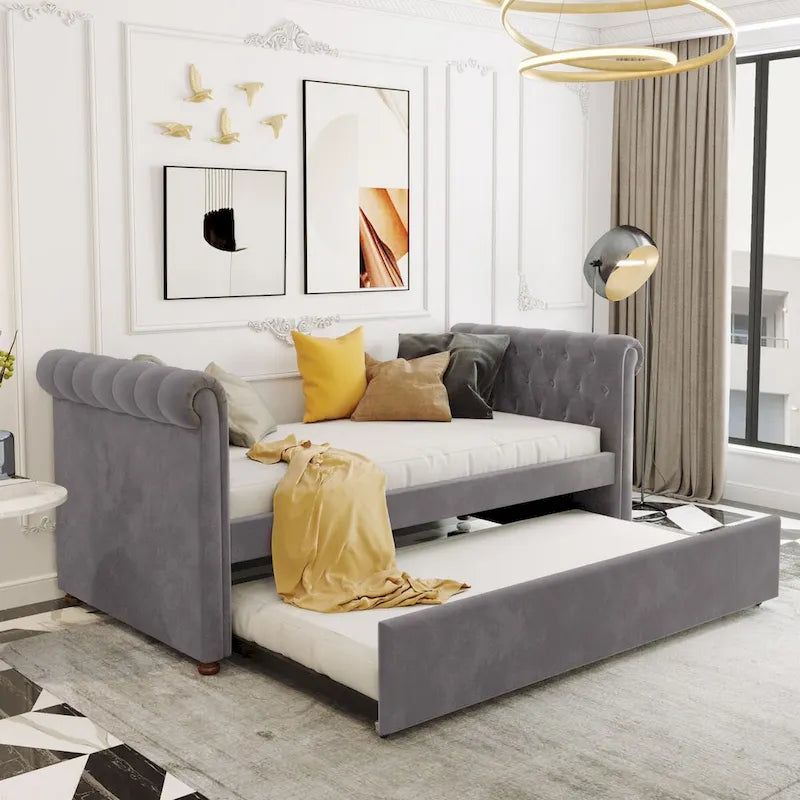 Lit de repos simple rembourré beige/gris avec tiroirs, lattes en bois, 1 personne