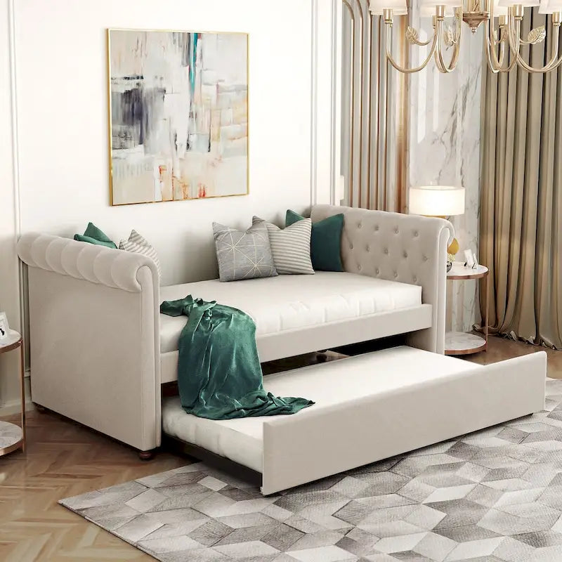 Lit de repos simple rembourré beige/gris avec tiroirs, lattes en bois, 1 personne