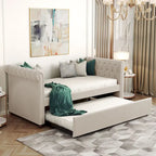 Lit de repos simple rembourré beige/gris avec tiroirs, lattes en bois, 1 personne