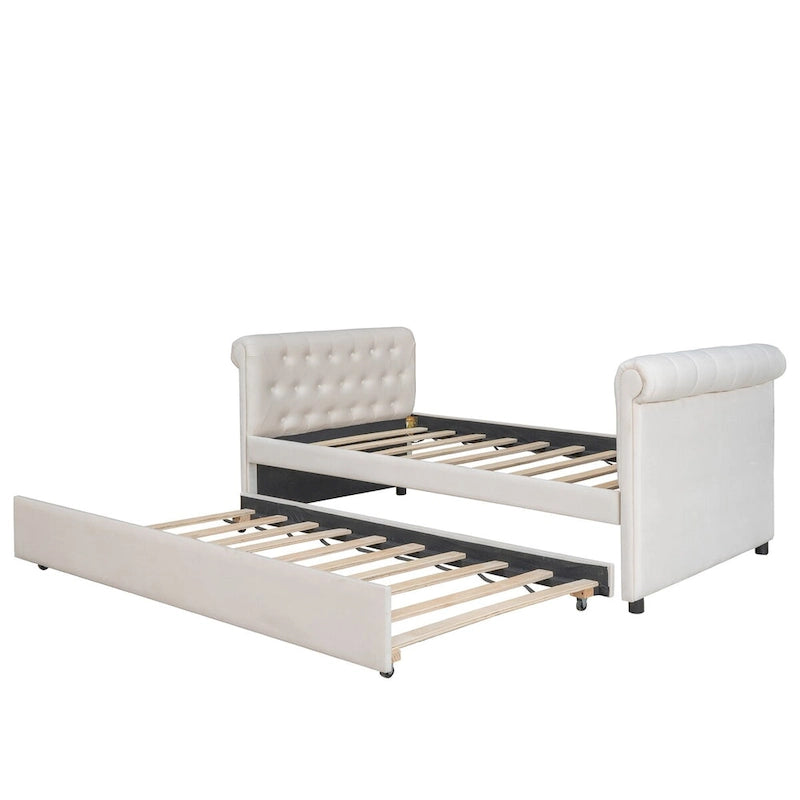 Lit de repos simple rembourré beige/gris avec tiroirs, lattes en bois, 1 personne