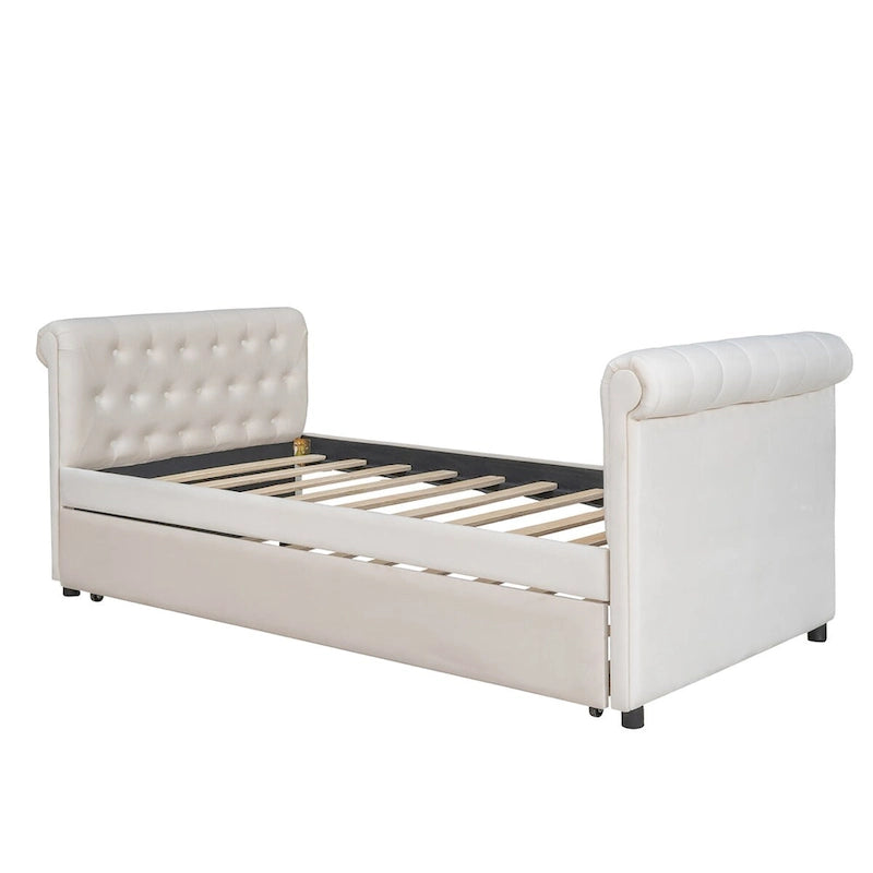 Lit de repos simple rembourré beige/gris avec tiroirs, lattes en bois, 1 personne