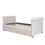 Lit de repos simple rembourré beige/gris avec tiroirs, lattes en bois, 1 personne