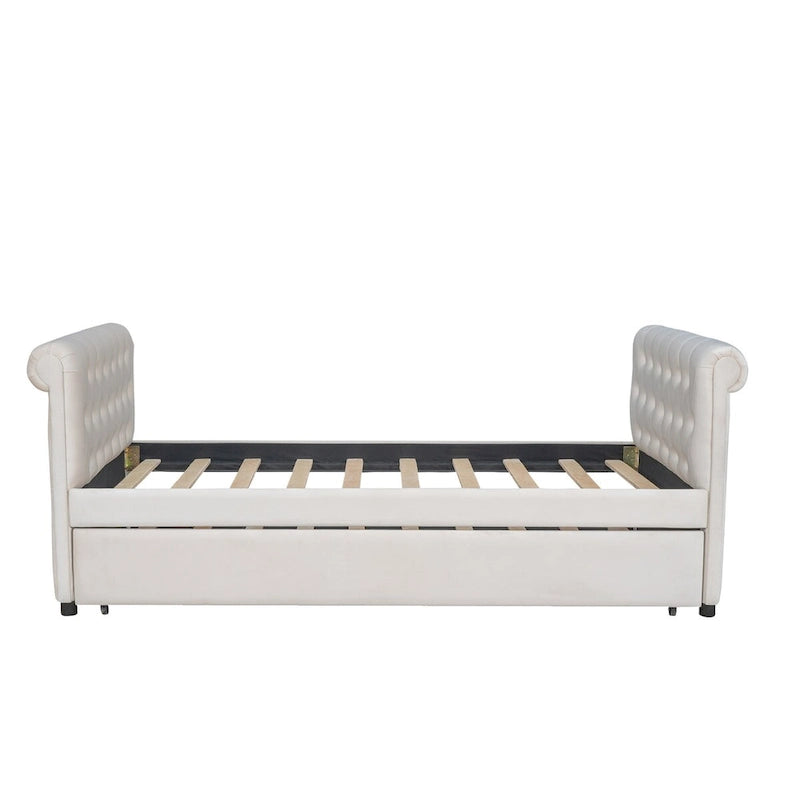 Lit de repos simple rembourré beige/gris avec tiroirs, lattes en bois, 1 personne