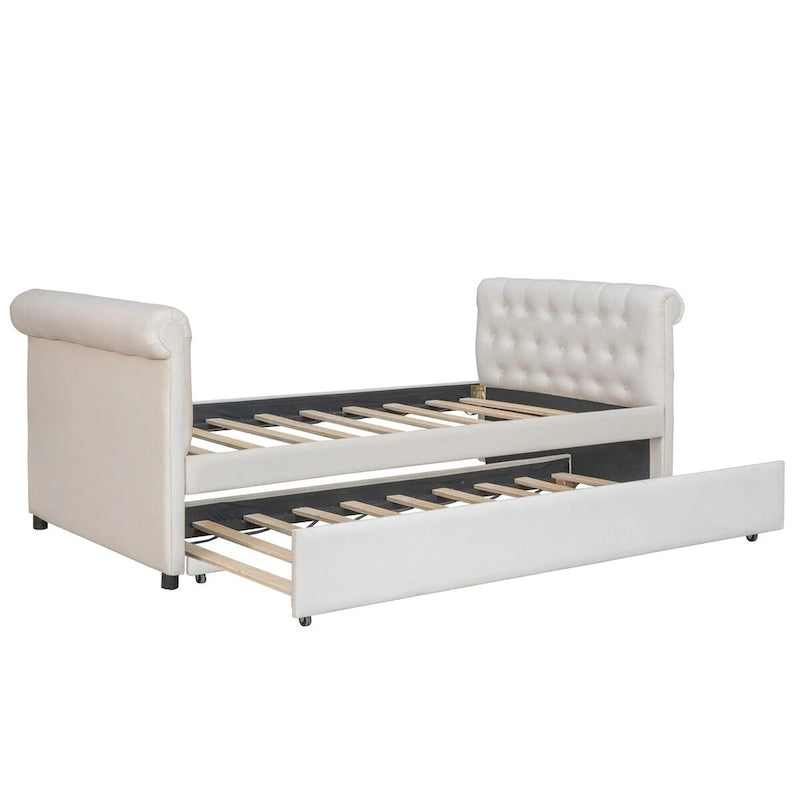 Lit de repos simple rembourré beige/gris avec tiroirs, lattes en bois, 1 personne