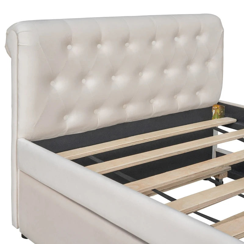 Lit de repos simple rembourré beige/gris avec tiroirs, lattes en bois, 1 personne