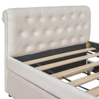 Lit de repos simple rembourré beige/gris avec tiroirs, lattes en bois, 1 personne