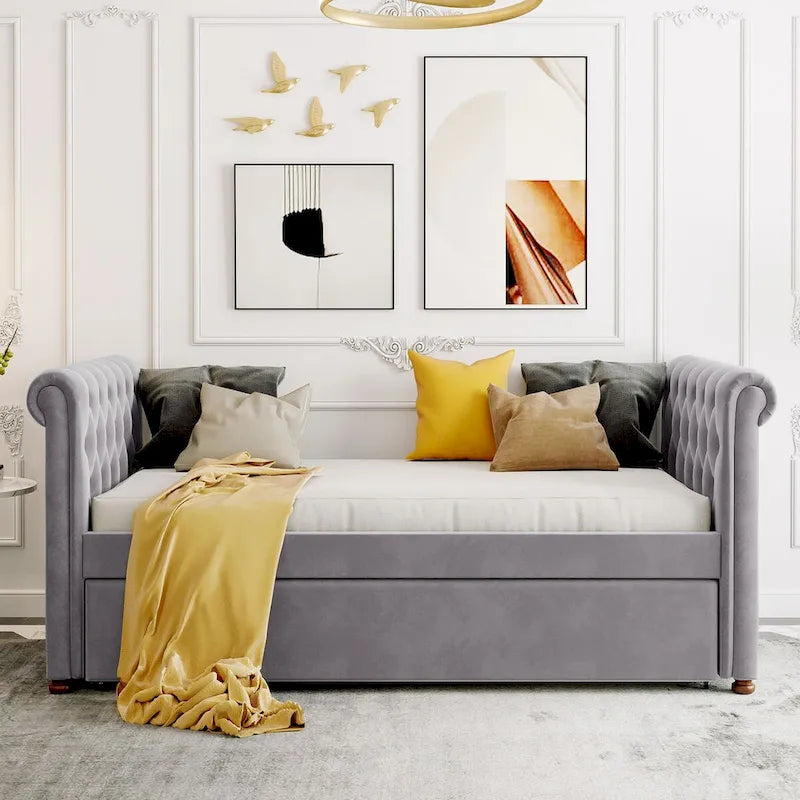 Lit de repos simple rembourré beige/gris avec tiroirs, lattes en bois, 1 personne