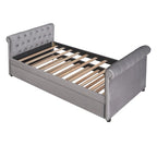 Lit de repos simple rembourré beige/gris avec tiroirs, lattes en bois, 1 personne