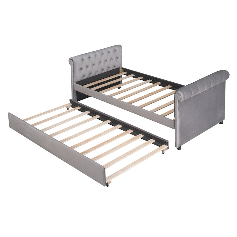 Lit de repos simple rembourré beige/gris avec tiroirs, lattes en bois, 1 personne