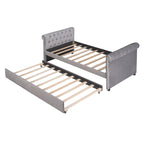 Lit de repos simple rembourré beige/gris avec tiroirs, lattes en bois, 1 personne