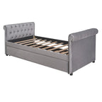 Lit de repos simple rembourré beige/gris avec tiroirs, lattes en bois, 1 personne
