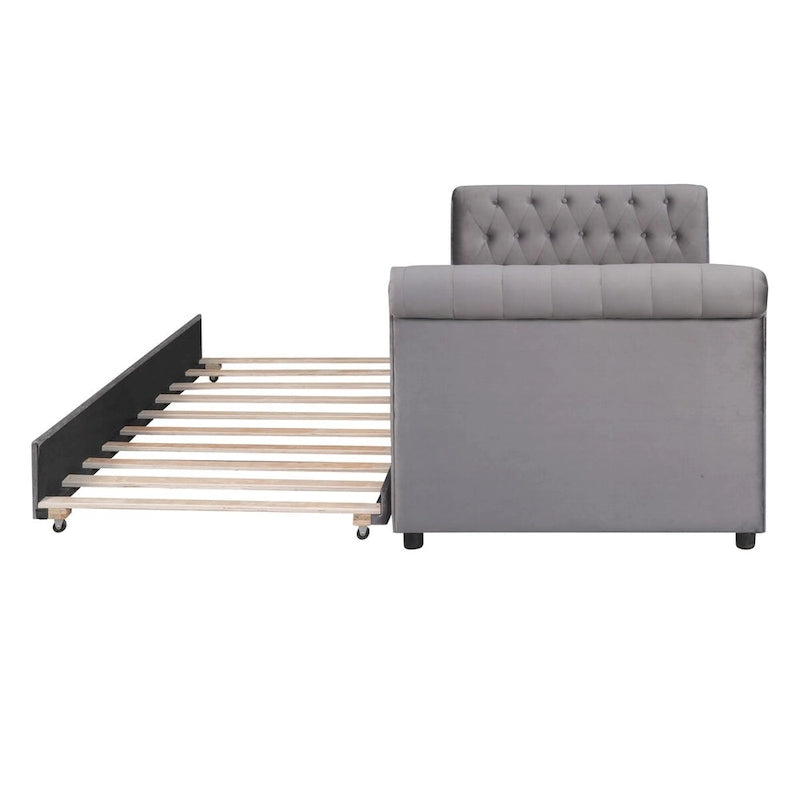 Lit de repos simple rembourré beige/gris avec tiroirs, lattes en bois, 1 personne
