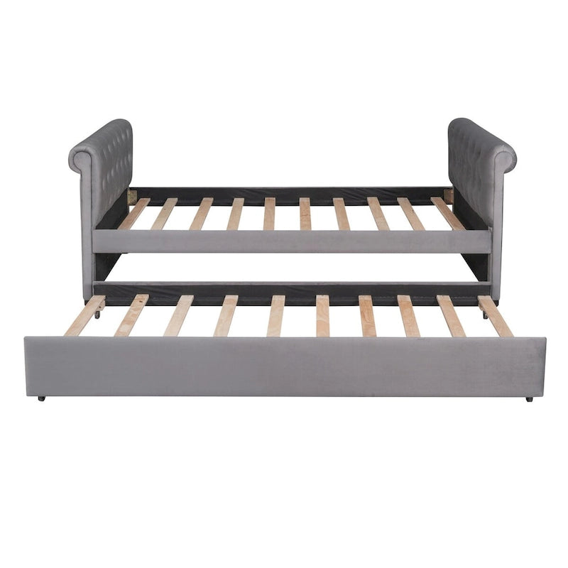 Lit de repos simple rembourré beige/gris avec tiroirs, lattes en bois, 1 personne