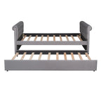 Lit de repos simple rembourré beige/gris avec tiroirs, lattes en bois, 1 personne
