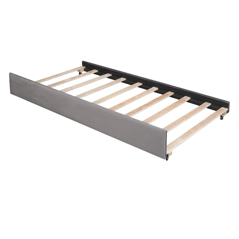 Lit de repos simple rembourré beige/gris avec tiroirs, lattes en bois, 1 personne