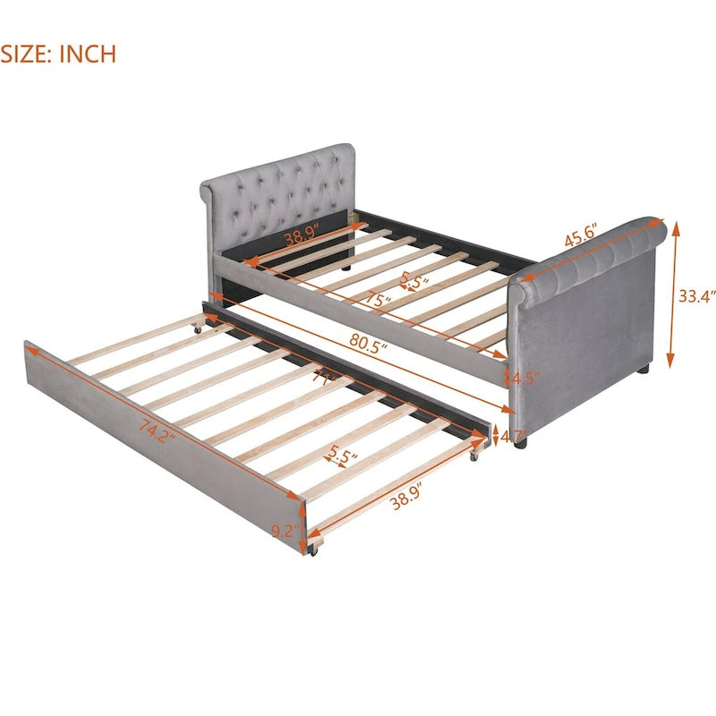 Lit de repos simple rembourré beige/gris avec tiroirs, lattes en bois, 1 personne