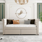 Lit de repos simple rembourré beige/gris avec tiroirs, lattes en bois, 1 personne