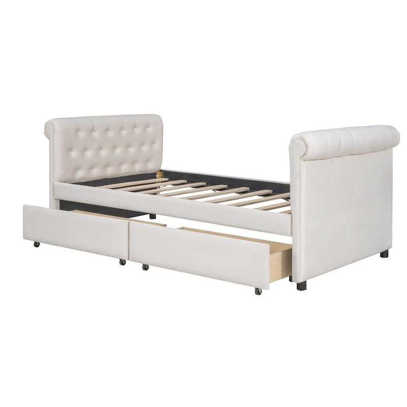 Lit de repos simple rembourré beige/gris avec tiroirs, lattes en bois, 1 personne