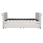 Lit de repos simple rembourré beige/gris avec tiroirs, lattes en bois, 1 personne