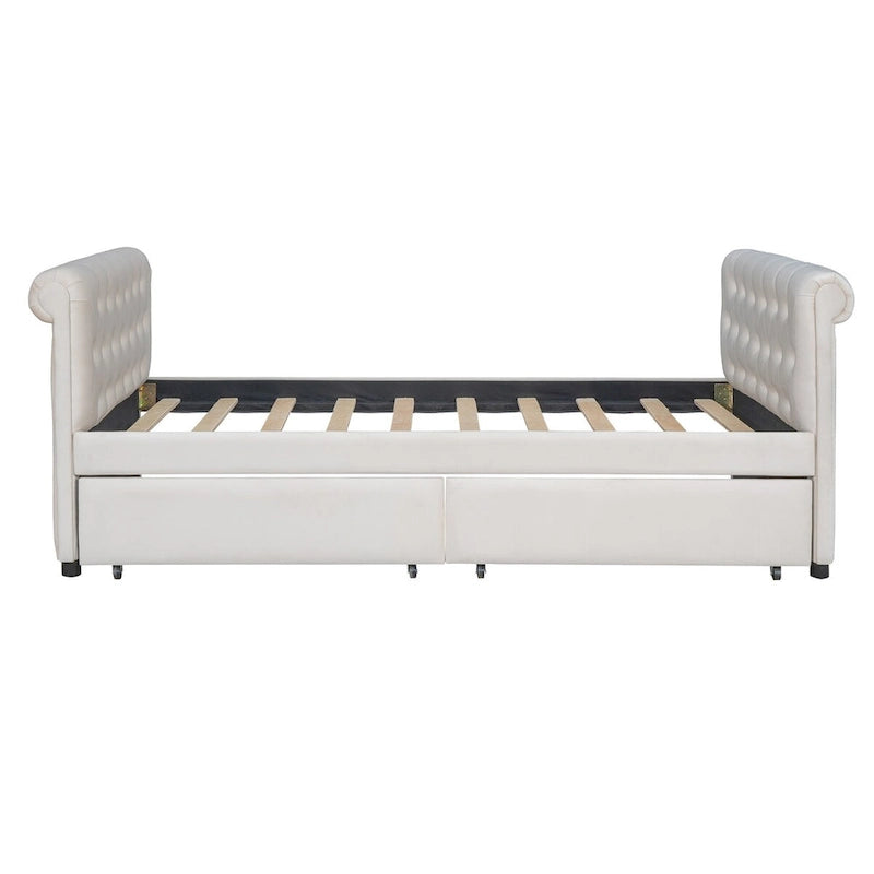 Lit de repos simple rembourré beige/gris avec tiroirs, lattes en bois, 1 personne