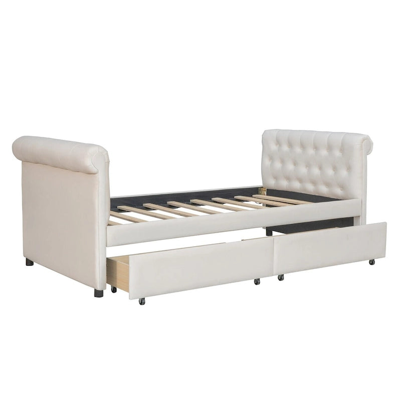 Lit de repos simple rembourré beige/gris avec tiroirs, lattes en bois, 1 personne