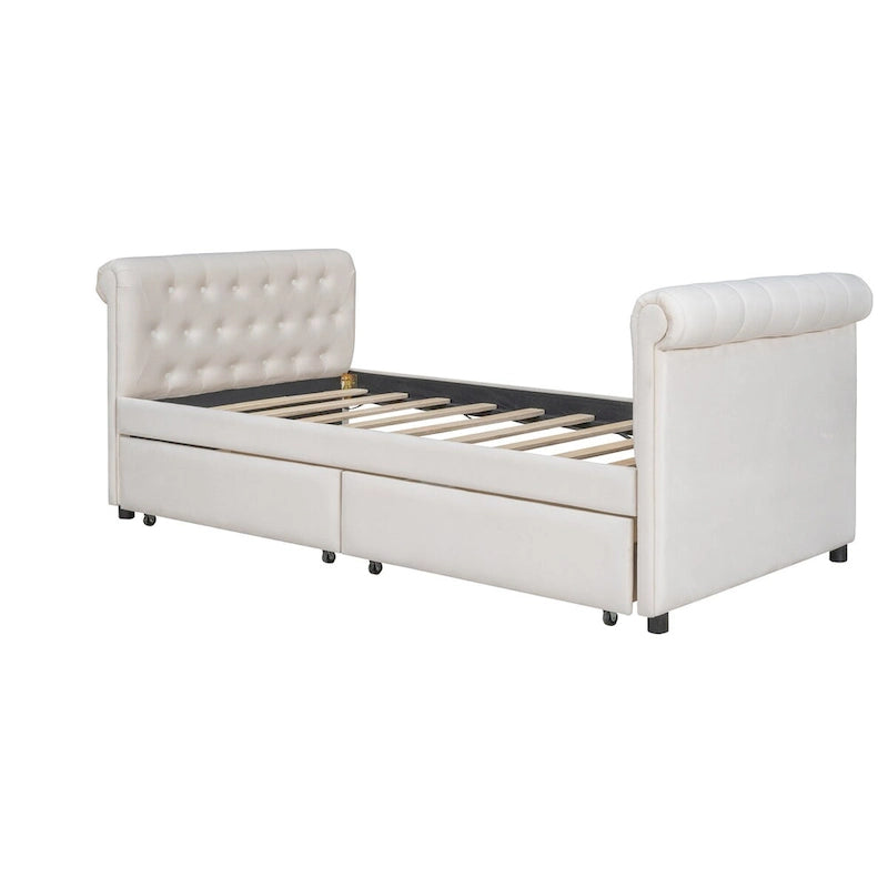 Lit de repos simple rembourré beige/gris avec tiroirs, lattes en bois, 1 personne