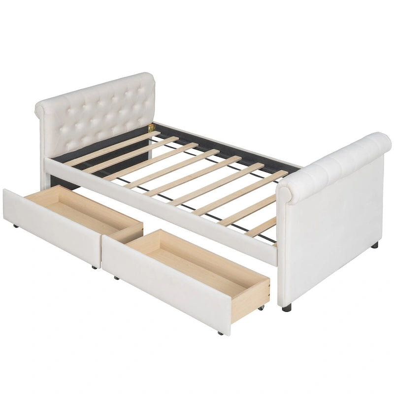 Lit de repos simple rembourré beige/gris avec tiroirs, lattes en bois, 1 personne