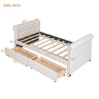 Lit de repos simple rembourré beige/gris avec tiroirs, lattes en bois, 1 personne