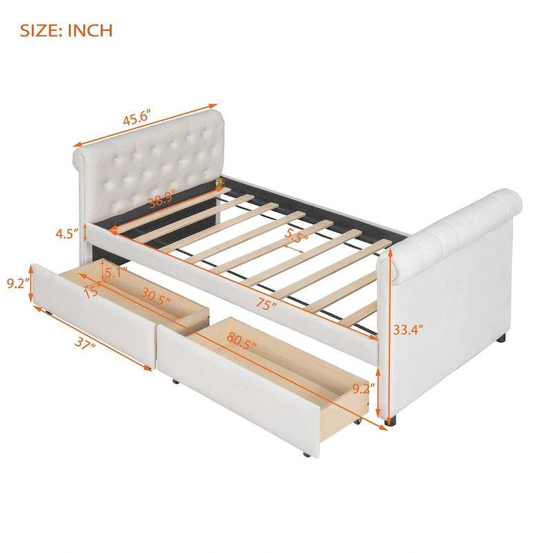 Lit de repos simple rembourré beige/gris avec tiroirs, lattes en bois, 1 personne
