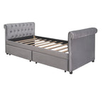 Lit de repos simple rembourré beige/gris avec tiroirs, lattes en bois, 1 personne